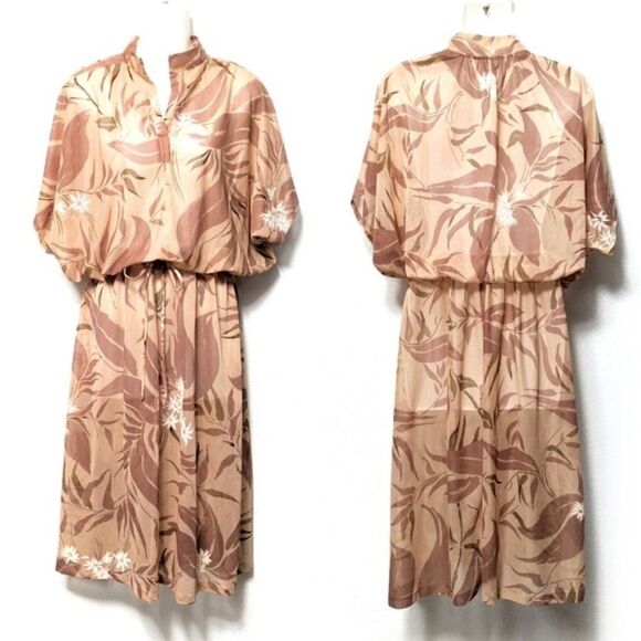 VINTAGE 70's Leaf Floral Blouson Midi Dress M - Picture 1 of 9